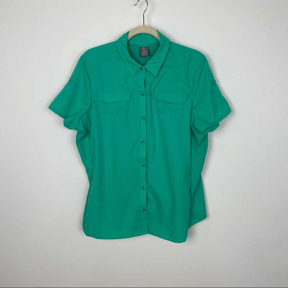 REI Womens Shirt Green Hiking Button Up Short Sleeve Vented Size XL
